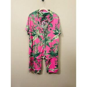 Room Service Tropical Summer Pajama Set Pink Green Maximalist Vibrant Soft Sz L